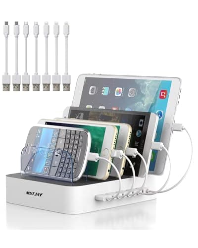 MSTJRY Charging Station for Multiple Devices : 5 Port Multi USB-A Charger Stations Multi-Device Organizer Charging Dock Designed for iPhone iPad Cell Phone Tablets (7 Short Cables Included) - Image 1