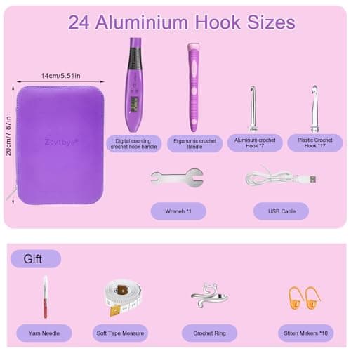 Counting Crochet Hook Set, Light Up Crochet Hooks with Ergonomic Handle, 24 Size Interchangeable Crochet Hooks Kit with Digital Counter, Crochet Hooks for Arthritic Hands, Gift for Beginners - Thumbnail 3