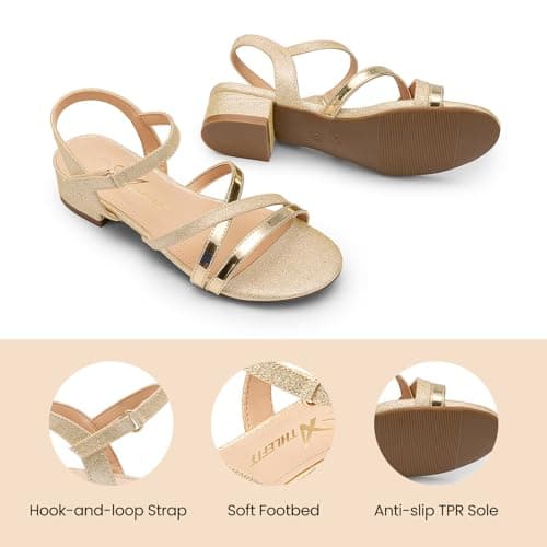 Athlefit Girls Sandals Low Heels Open Toe Flower Girl Summer Dress Easter Shoes for Party Wedding Gold Size 2 Little Kid - Thumbnail 6