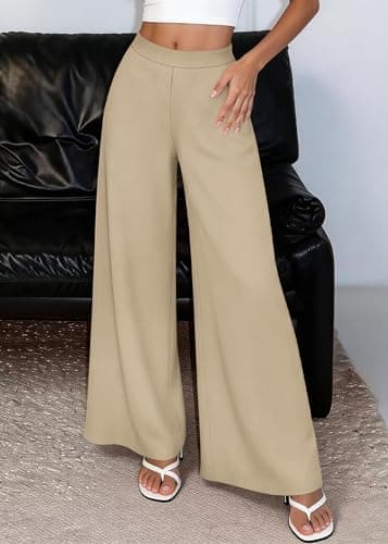 KIRUNDO Palazzo Pants for Women Dressy 2026 Spring Slacks Wide Leg High Waisted Business Casual Work Trousers with Pockets(Beige, Large) - Thumbnail 6