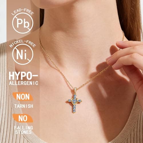 Cross Necklace for Women, Heart Cross Necklace for Women, 18K Gold Plated, Gold Necklace for Women, Dainty Cubic Zirconia Pendant, Hypoallergenic Jewelry for Women, Christian Religious Gifts(Blue-Gold) - Thumbnail 4