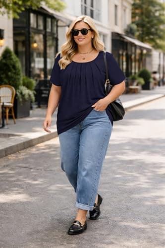 JOELLYUS Womens Plus Size Tops Summer Short Sleeve Shirts Flowy Crewneck Casual Loose Tunic Top Blouses (Dark Blue, XL) - Thumbnail 2