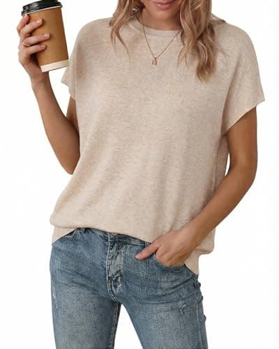 Arach&Cloz Womens 2026 Short Sleeve Spring Summer Sweaters Cashmere Wool Blend Lightweight Crew Neck Oversized Top Business Dressy Casual Blouse Teacher Outfits Old Money Clothes Fashion Apricot XS - Image 1