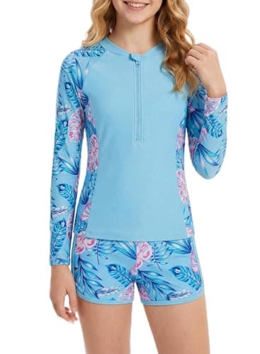 Dolxico Girls Rash Guard Swimsuits 2 Piece Long Sleeve Bathing Suits UPF 50+ Half Zip Printed Boyshorts for Teens Girls' Summer Swimwear Size 15-16 Years(Blue Palm Leaf) - Image 1