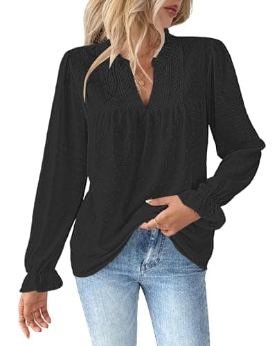 Bsubseach Womens Tops Ruffle Long Sleeve Swiss Dot Blouses for Women Dressy Casual Fashion Shirts Black S - Image 1
