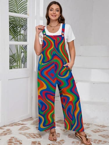 AusLook Plus Size Women's Adjustable Straps Jumpsuits Psychedelic Color Flow 2X Casual Loose Wide Leg Overalls with Pockets - Thumbnail 3