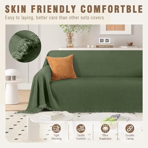 TAOCOCO Couch Covers for Pets Heavy Duty Couch Cover for 2 Cushion Couch Sectional Sofa Covers Durable Throw Couch Cover for Dogs, Kids, Washable Sofa Slipcovers with Tassels (71''x118'' Forest Green) - Thumbnail 6