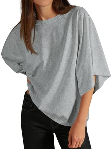 Cicy Bell Womens Oversized Half Sleeve T-Shirts Summer Casual Crew Neck Tshirt Loose Fit Side Slit Tee Tops Light Grey - Image 1