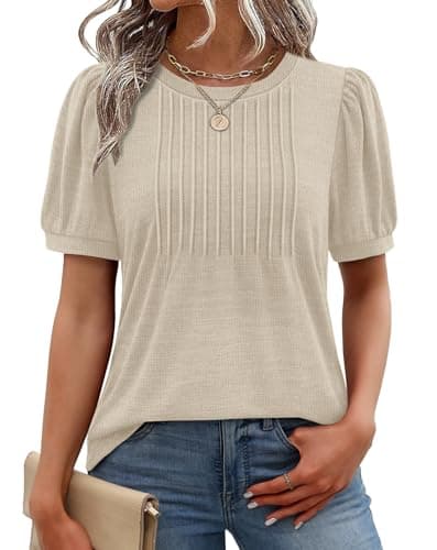 XIEERDUO Plus Size Spring Clothes for Women Spring Tops Short Sleeve for Women Pleated Shirts Blouses Dressy Causual Spring Outfits Fashion Clothing 2026 Apricot XXL - Image 1