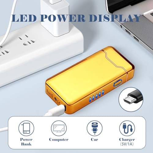BABOBIU USB Lighter Electric Lighters Rechargeable Arc Lighters with LED Light Power Display Windproof Lighter for Men Boyfriend Husband Candle Incense Stick Outdoor (Glossy Gold) - Thumbnail 3