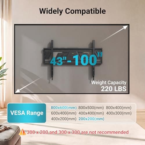 BONTEC Fixed TV Wall Mount for 43 to 100 Inch TVs, Low Profile Design, Space-Saving 0.9'' from Wall, Heavy Duty One-Piece Bracket up to 220 lbs, Max VESA 800x600mm, Fits 16''/24''/32'' Wood Studs - Thumbnail 2