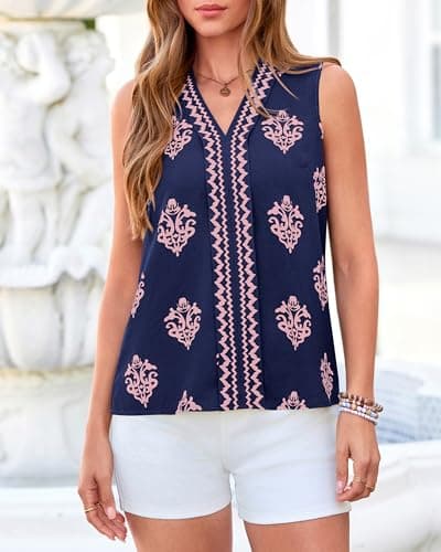 BTFBM Womens Tank Tops Floral Printed V Neck Sleeveless Spring 2026 Business Work Dressy Casual Shirts Chiffon Blouses(Navy Blue, Large) - Thumbnail 6