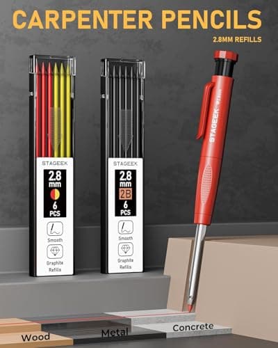 STAGEEK 14 Pack Carpenter Pencil Set with Sharpener, Mechanical Carpenter Pencils with 60 Refills, Deep Hole Long-Nib Marker Pens, Carbide Scribe Tool & Construction Pencils for Architect with Case - Thumbnail 2