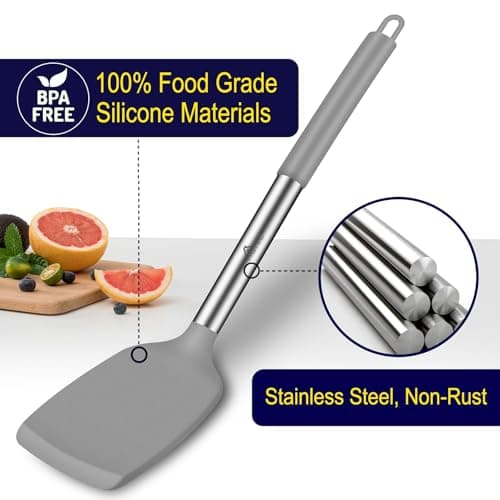 HOTEC Silicone Spatula Set of 2 Heat-Resistant 600°F & BPA-Free Kitchen SaptulaTurner with Stainless Steel Handles, Slotted & Solid Spatulas for Nonstick Cookware, 13.7 Inch, Grey - Thumbnail 2