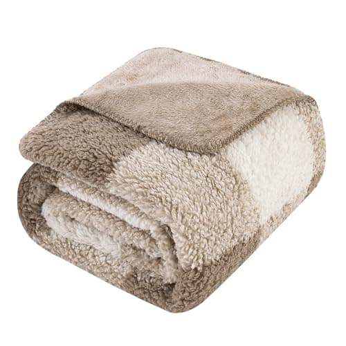 LURKA Checkered Sherpa Fleece Throw Blanket – Soft and Cozy, Medium Weight for All Season, Plush Throw for Couch, Bed, Dorm & Pets, Khaki, 60x80 Inches
