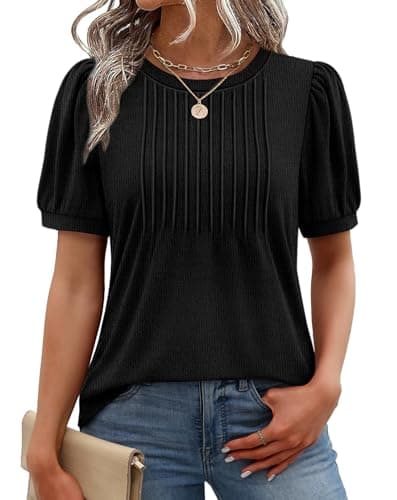 XIEERDUO Plus Size Spring Clothes for Women Black Puff Short Sleeve Pleated Shirts Womens Tops and Blouses Dressy Causual 2026 Black XXL - Image 1
