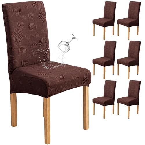Genina Waterproof Dining Chair Covers Set of 6,Stretch Dining Room Chair Slipcovers with Leaf Jacquard,Removable Kitchen Chair Protector for Home,Restaurant,Banquet-Dark Brown - Image 1