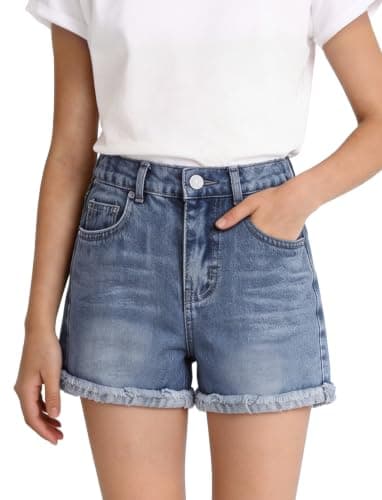 PATPAT Girls Jean Shorts 5-14Y, Cute Mid Waist Straight Leg Denim Shorts with Elastic Waistband & Frayed Cuffed Hem Blue 7-8Y - Image 1
