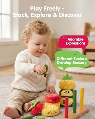 hahaland Stacking Rings Baby Toy - Soft Sorting & Stacking Fruits with Wooden Stacker, Threading Toy 12 Months+ Developmental Color Matching Montessori Toys 1 Year Old Boy 1st Birthday Girl Gifts - Thumbnail 6