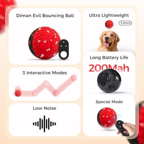 Diman Interactive Dog Ball Toys with Remote Control, E-TPU Matrial, Bouncing Dog Ball, Moving Dog Toys to Keep Them Busy(3.2 Inch, Red Black) - Thumbnail 3