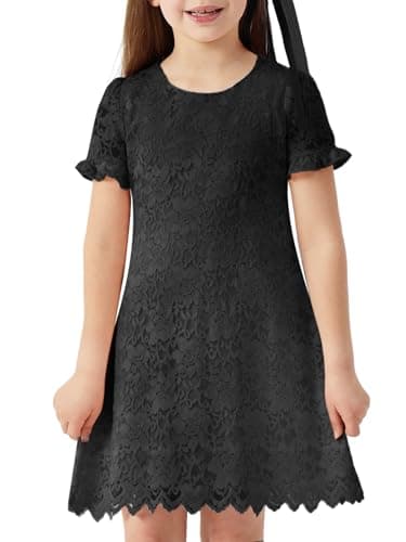 ALLOVIN Girls & Toddlers Graduation Soft Lace A-Line Short Sleeve Party Dress Flower Girl Dress Wedding Communion | Black | 12-13Y - Image 1