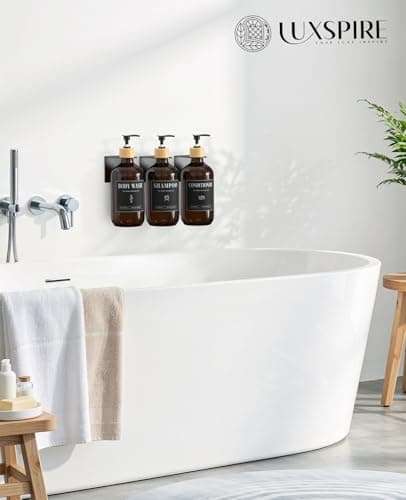 Luxspire Shampoo and Conditioner Dispenser, Shower Soap Dispenser Wall Mounted 3 Sets Plastic Bottles Bamboo Pump, 17OZ Shampoo and Conditioner Bottles for Bathroom, Shower Wall and Hotel, Amber - Thumbnail 6