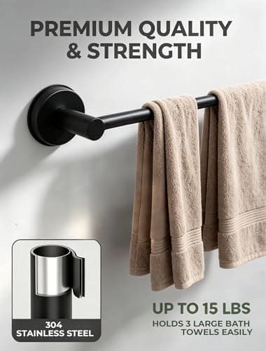 14.6 to 24 Inches No Drill Suction Cup Towel Bar for Shower Glass Door & Tile Wall, Stainless Steel Wall Mounted Towel Rack，Removable Bathroom Organizers & Storage for Renters Apartment (Matte Black) - Thumbnail 4