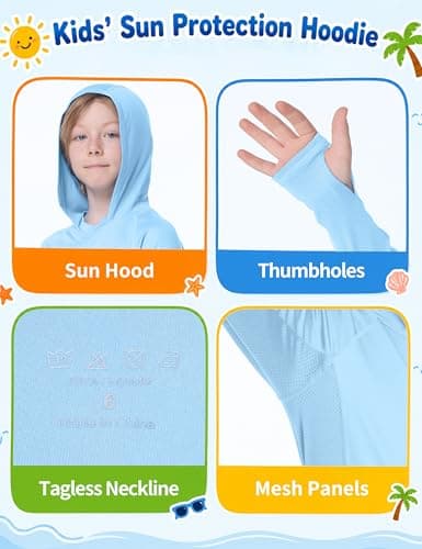 RIKUAOU Boys Hooded Rash Guard Fishing Shirt, UPF 50+ Kids Long Sleeve Sun Hoodie, Youth UV Protection Beach Swim Shirts Light Blue - Thumbnail 5