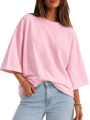 Flowyair Womens Oversized T-Shirt Casual 3/4 Sleeve Summer Boxy Tops Loose Fit Crew Neck Basic Shirts Pink - Image 1