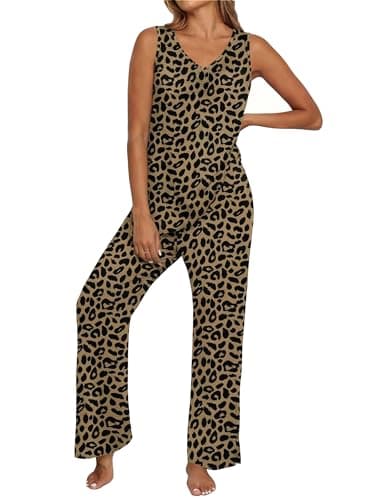 PrinStory Womens Pajama Sets Soft Knit Pjs 2 Piece Sleeveless Pajama Set Summer Lightweight Pj with Pockets Leopard Khaki-3XL - Image 1