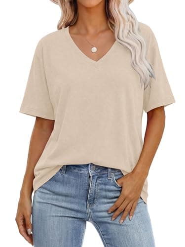 ANRABESS Womens Oversized Acid Washed T-Shirt Short Sleeve Vintage Casual V Neck Tops 2026 Summer Basic Tee Trendy Clothes Beige Medium - Image 1