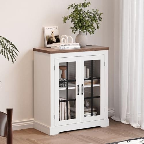 Buffet Cabinet with Storage, Sideboard Buffet with Glass Doors, Built-in Power Outlet, Elegant Walnut Top Plate, for Kitchen, Coffee Bar, Pantry, Living Room - Thumbnail 6