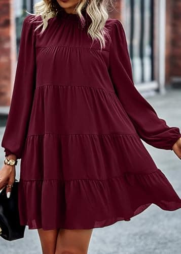 KIRUNDO Long Sleeve Baby Doll Dresses Women 2026 Casual Spring Summer Ruffle Mock Neck Tiered Mini Flowy Swing Shift Dress(Wine Red, X-Large) - Thumbnail 4