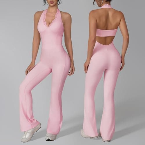 KAIFUYING Women Workout Scrunch Flare Jumpsuits Lace Deep V Hanging Neck Halter Backless Butt Lift Gym Yoga Jumpsuits Sexy jumpsuits Workout jumpsuits for women pink-XL - Thumbnail 2