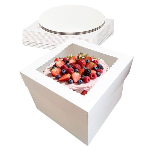 3 Sets Cake Boxes,10x10x8 Inch Tall Cake Box with Cake Boards 10",Disposable Cake Containers with Lids,White Bakery Boxes with Large Window,for Layer Cakes,Pies,Donuts,Cookies,Wedding,Birthday,Party - Image 1