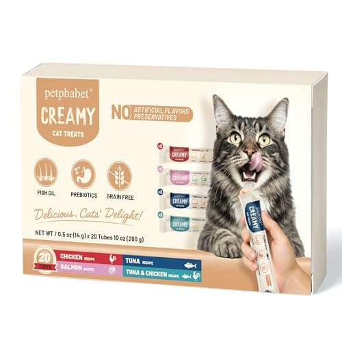 PETPHABET Lickable Cat Treats Squeeze, Creamy Puree Squeezable Wet Kitten Treats, 4 Flavors Variety Pack 20 Tubes, Paste Snacks for Skin & Coat Health, Digestive Care, High Protein, Grain Free