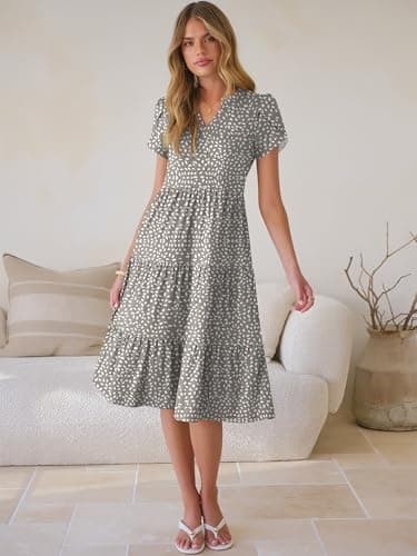 ANRABESS Womens Summer Causal Dresses V Neck Short Sleeve Midi Dress 2026 Flowy Tiered Boho Beach Sundress Vacation Outfits Khaki Polka Dot S - Thumbnail 3