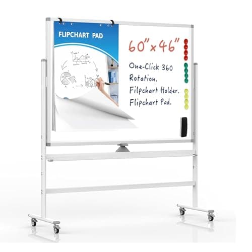 Rolling Whiteboard 60"x46" Magnetic Dry Erase Board with Stand, Double Sided Mobile Whiteboard on Wheels, Non-Foldable Large Portable White Board for Office, Classroom & Home