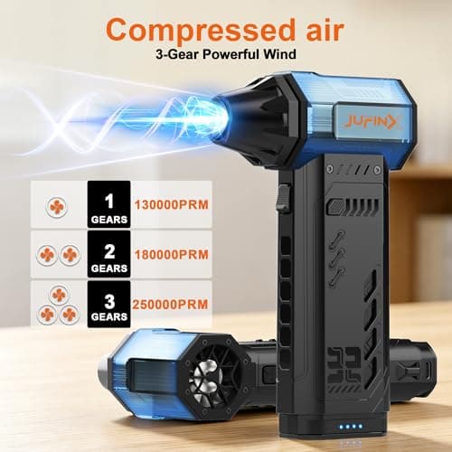 JUFINX Air Duster - 250,000RPM Compressed Air Duster, Replaceable Batteries 2pcs,Long Life-mini Blower, 3-Gear Adjustable- Electeic Air Duster for Keyboard,PCs,Leaves,Car Cleaning (2*Batteries) - Thumbnail 2