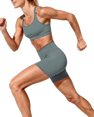 Women's 6" High Waisted Workout Gym Biker Shorts Butt Lifting Grey Sage - Thumbnail 5