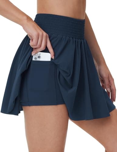 THE GYM PEOPLE Women's Flowy Tennis Skorts High Waisted Pleated Athletic Golf Skirts Built-in Shorts with Pockets Blue - Image 1