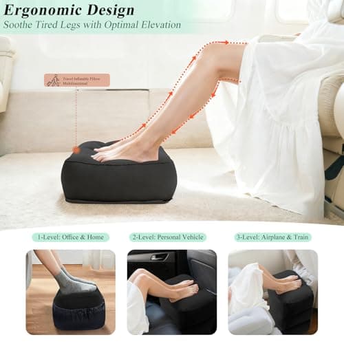 TheClover Airplane Foot Rest for Long Flight - Inflatable Foot Rest for Under Desk,Kids Car Foot Rest Bed,Portable 3-Height Foot Cushion,Lightweight Travel Leg Rest for Airplanes,Trains,Office & Home - Thumbnail 3