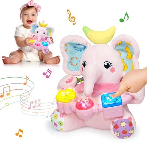 Ryotagift Baby Bilingual Musical Elephant Stuffed Animals Toys,Infant Early Learning Toy with Light-Up Music & Crinkle,Tummy Time Toys for 0 3 6 9 12+ Months for Baby Boy Girl Gift,Pink - Image 1