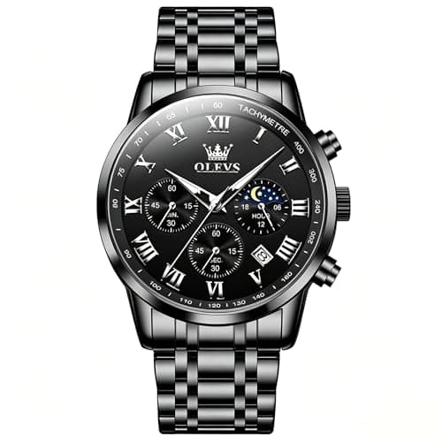 OLEVS Watch Men Luxury Black Watches for Men Dress Luminous Waterproof Analog Quartz Mens Watches with Date Fashion Stainless Steel Large Face Chronograph Moon Phase Classic Wrist Watch for Man - Image 1