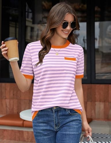 Aprolive Womens Striped Shirt with Contrast Ribbed Short Sleeve Knit Sweater Elegant Fit for Summer Dressy Casual(6-Orange Purple,Medium) - Thumbnail 5