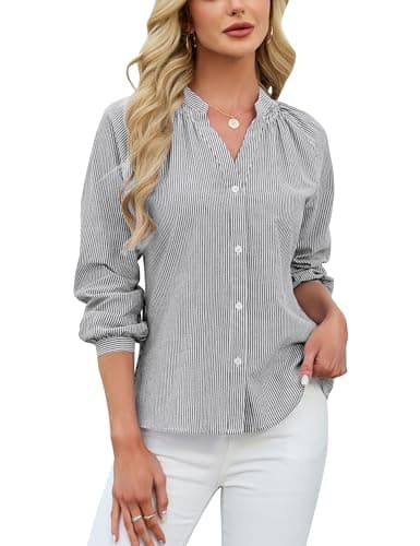 Blooming Jelly Womens Striped Button Down Shirt V Neck Long Sleeve Cotton Blouse Business Casual Ladies Trendy Summer 2026 Fashion Dressy Work Tops (Large, Black) - Image 1