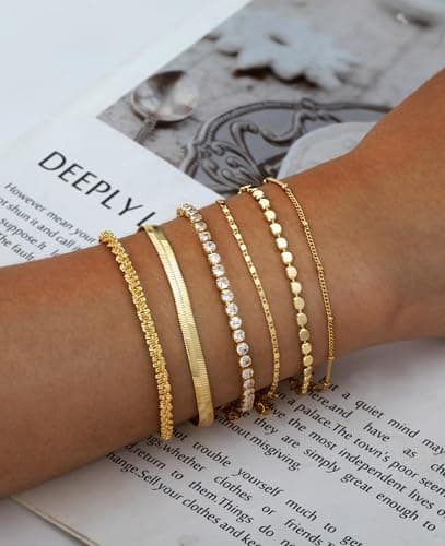 Gold Bracelets for Women 14K Gold Plated Stack Trend Bracelets Charm Paperclip Chain Cuban Link Layered Waterproof Bracelet Dainty Bracelet for Women Jewelry Gifts (Gold 6Pcs) - Thumbnail 5