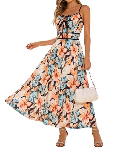 GRACE KARIN 2026 Women's Summer Maxi Floral Dress, Spaghetti Strap Tie Front Boho Sundress with Pockets, Black Orange 2XL - Image 1