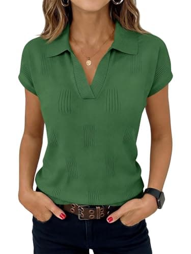 Saodimallsu Womens Short Sleeve Sweater Tops Solid Lapel V Neck Knit Shirt Summer Casual Basic Pullover Army Green - Image 1