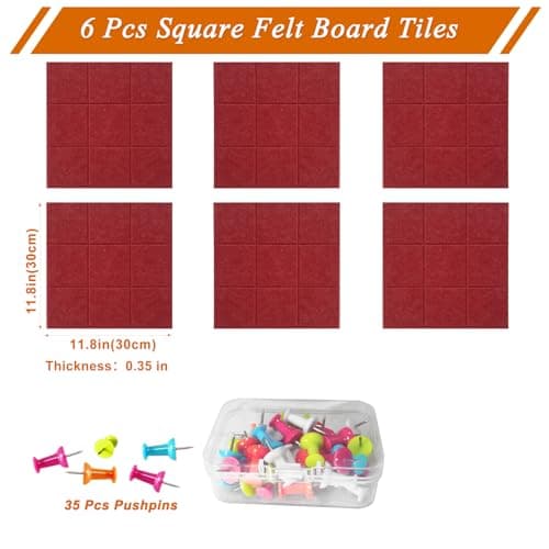 HULAVO Large Square Felt Cork Board Tiles, Self Adhesive DIY Felt Bulletin Board Pin Board with 35 Pushpins for Office School Home Wall Decor Stickers Memos Photos Display (Red) - Thumbnail 4